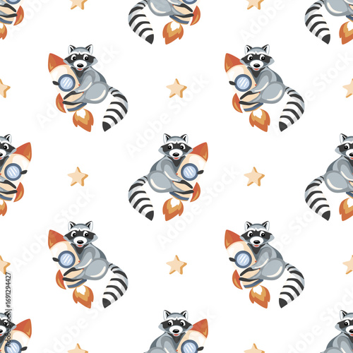 Принти на полотні Cute raccoon with rocket seamless pattern, cartoon space animal vector