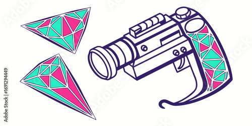 A drawing of a futuristic ray gun and two geometric triangular shapes with pink and teal fill color