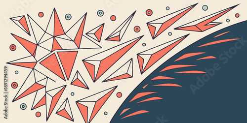 Geometric shapes in coral and black with connected lines forming a modern abstract design art piece