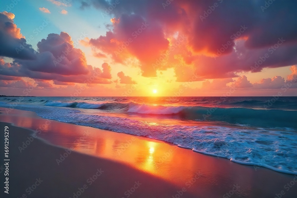 Fototapeta premium Serene sunset over a tranquil beach, golden hour light paints the sky with vibrant hues reflecting on calm ocean waves , serene, twilight
