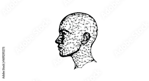 Abstract geometric human head profile with connected dots and lines representing digital network or neural connections