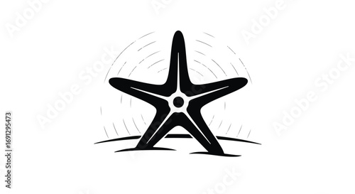 Stylized black starfish stands tall on a sandy shore with radiating lines