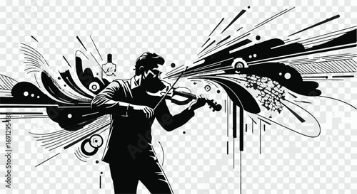 Musician passionately plays violin amidst abstract burst of sound and energy