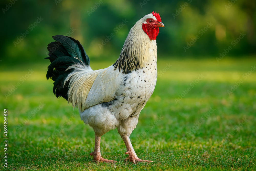 Fototapeta premium AI-Generated image of a striking white rooster standing tall on lush green grass.