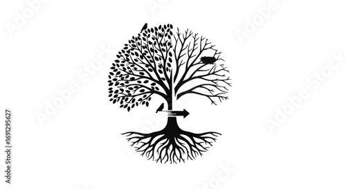 Symbolic tree shows growth and dormancy with birds and arrow representing transition
