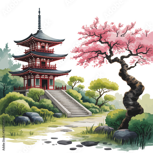 Tranquil Japanese Garden Scene with Pagoda and Cherry Blossoms A Serene Landscape for Meditation and Reflection