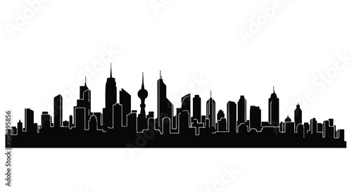 Modern city skyline silhouette at dusk, showcasing towering skyscrapers and urban architecture.