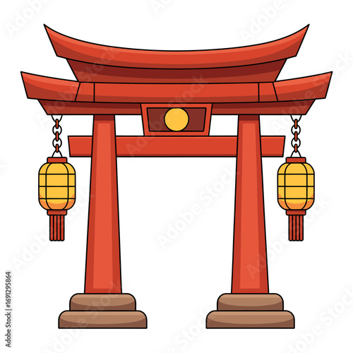 Vibrant Red Torii Gate with Lanterns Illustration Symbolizing Japanese Culture and Tradition Welcoming New Beginnings and Hopeful Future