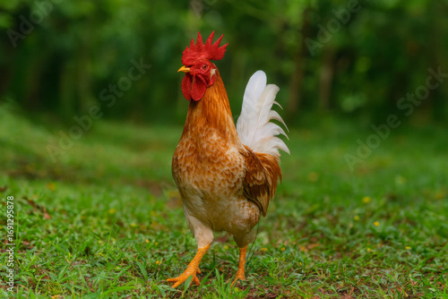  AI-Generated image of a striking golden-brown rooster confidently striding across a lush green field.