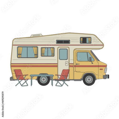 Vintage Recreational Vehicle Illustration with Outdoor Chairs and Table Ready for Camping Adventures and Road Trips Ideal for Vacation Lifestyle