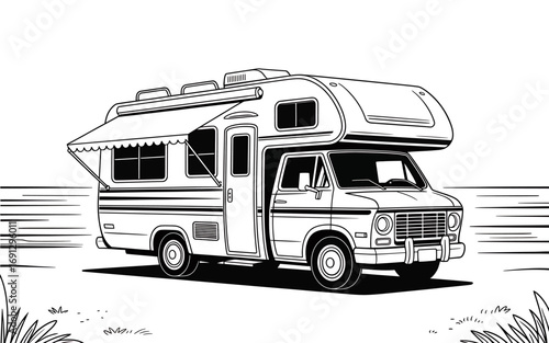 Classic RV Camper Van Illustration for Travel Adventures and Road Trip Inspiration Ideal for Coloring Books and Design Projects