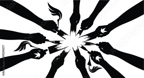 Diverse hands holding paintbrushes creating a bright light burst together