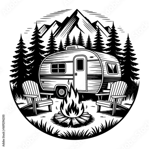 Camping Adventure in the Wilderness with Vintage Caravan and Cozy Campfire Under Mountain Scenery Illustration