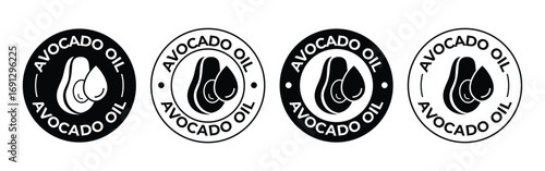 Avocado oil icon set. Avocado with oil drop label, logo, badge, sticker, symbol, emblem, stamp, circle, line, flat vector isolated on white background. Avocado oil label for product packaging design.