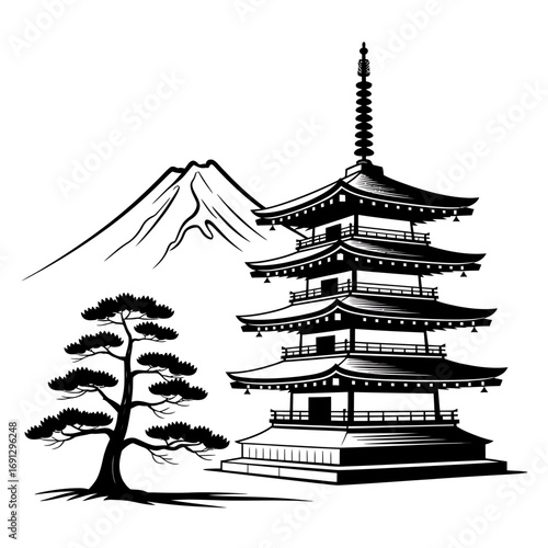 Japanese Pagoda Silhouette with Mount Fuji and Pine Tree Serene Asian Landscape Vector Illustration