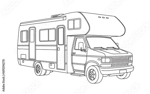 Detailed Line Art Illustration of a Classic RV for Coloring Books and Educational Materials Exploring Recreational Vehicles and Road Trip Culture