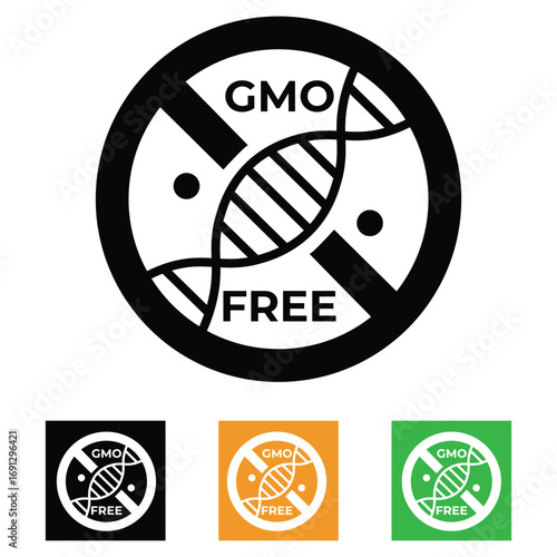 GMO free icon set. Non GMO label. No added or artificial chemicals logo, label, badge, sticker, symbol, emblem, stamp, line, vector, isolated illustration. GMO free label for product packaging design