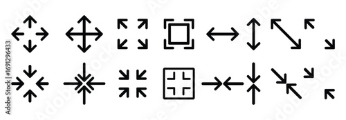 Large big screen display icon set. Compact, scalability, arrow mark, full screen, display screen size inch, Minimize and maximize, small and big display lcd line icons vector isolated illustration.