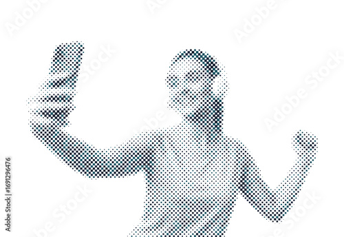 Illustration of a woman taking a selfie with headphones on, created with perfect square dots in blue tones on a white background.