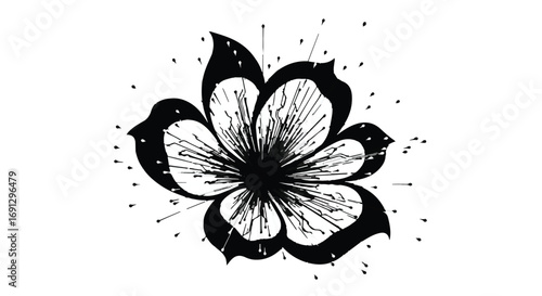 Elegant black and white ink flower illustration with delicate scattered dots.