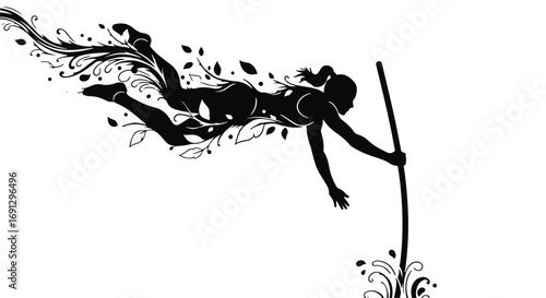 Graceful silhouette of a female athlete pole vaulting with artistic floral elements
