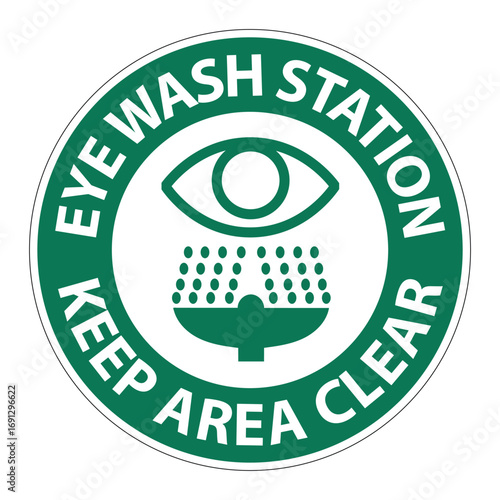 Circular green and white safety sign indicating an eye wash station with an eye symbol and water droplets