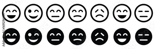 Feedback Emoticons face icon set. Feedback rating emoji. Bad and Good Review. Happy and Sad reaction. Mood faces for survey, rating icons. Vector illustration
