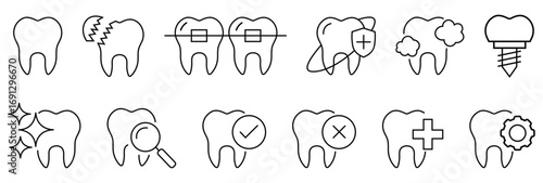 Tooth care line icon set. Dental implant, dental care, orthodontic protection, prevention check up, stomatology, toothache, braces, oral clean. Whitening procedure. Dental treatment sign.