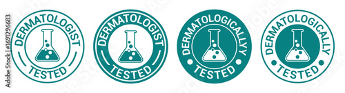 Dermatologically tested set icon. Dermatology, dermatologist, clinically proven, allergen free, laboratory tested, lab, label, logo, badge. Dermatologically tested label product packaging design.