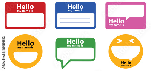 Collection of six colorful blank name tag stickers with the word hello printed on them for introductions