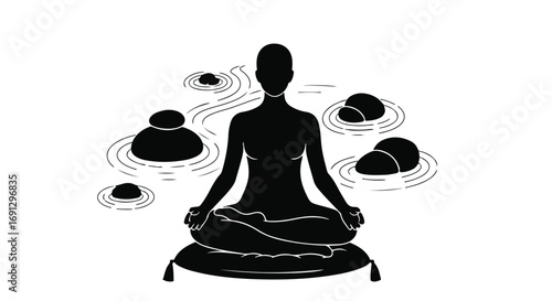 Serene silhouette of a person meditating in a tranquil zen garden setting.