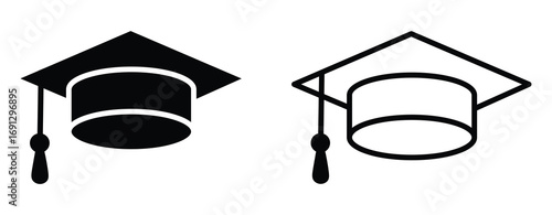 Two graduation caps one solid black silhouette and one outline drawing representing education and achievement