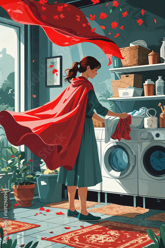 Empowered superhero woman with a red cape, skillfully folding laundry in a modern domestic setting, symbolizing multitasking and daily household power.