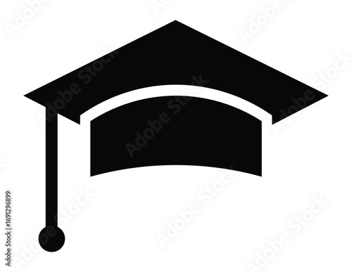 Simple black silhouette of a graduation cap with a tassel symbolizing academic achievement and higher education
