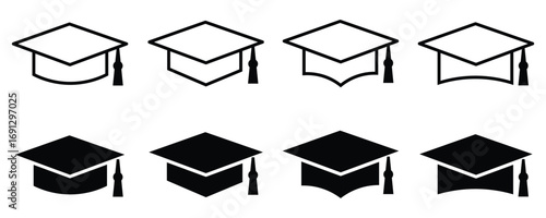 Collection of graduation caps in outline and silhouette styles for academic achievement and education concepts