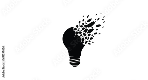 Black silhouette of a lightbulb fragmenting, symbolizing a lost or fading idea.