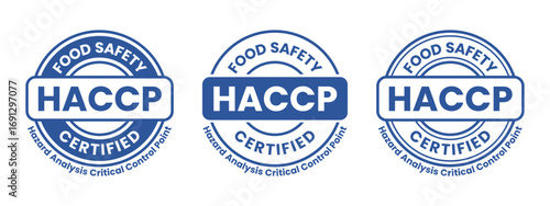 HACCP Hazard Analysis Critical Control Points, Food Safety system, logo, badge, icon, sticker, label, emblem, stamp, symbol, green, golden, flat vector, isolated illustration. HACCP Certified