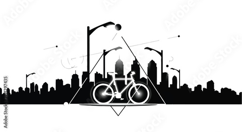 Urban cycling silhouette against a city skyline with modern streetlights.