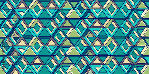 Abstract geometric pattern featuring repeating triangles in shades of blue green and beige colors art design