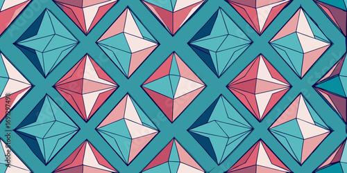 Repeating pattern of geometric diamond shapes in turquoise and pink colors creates a modern design