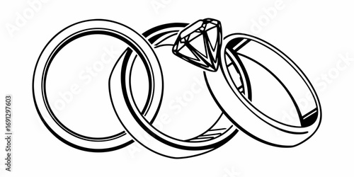 Illustration of three interlocking rings with one featuring a prominent diamond jewel on top center