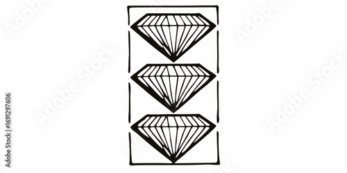 Illustration of three vertically stacked diamonds inside a rectangular border in black and white style