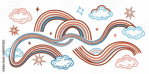 Illustration featuring stylized rainbows clouds and stars in a whimsical arrangement style art