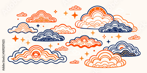 Stylized illustration of orange and blue outlined clouds and stars on a light background design element