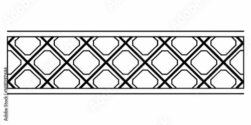 Black and white border design featuring a repeating pattern of intersecting lines and geometric shapes