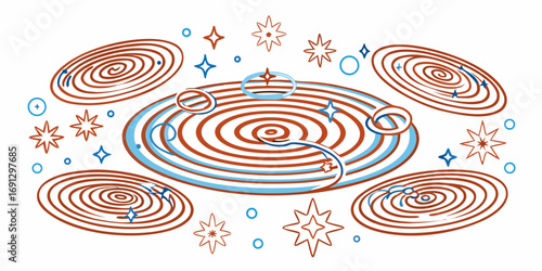 Illustration of multiple galaxies and stars with circular and spiral patterns in brown and light blue tones