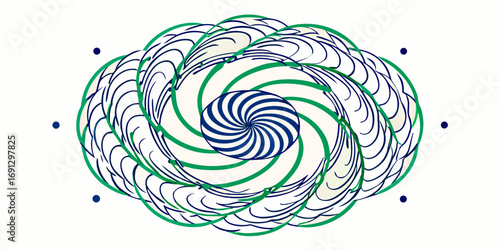 A swirling vortex of green and blue lines creating an optical illusion with surrounding dots design