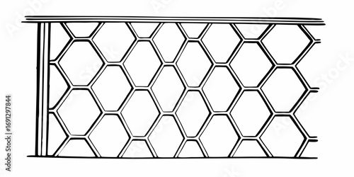 Illustration of a chicken wire fence with hexagonal openings and a supporting frame structure design
