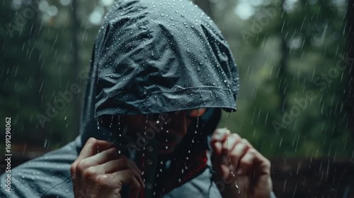 Person zipping up a rain jacket hood under heavy drizzle