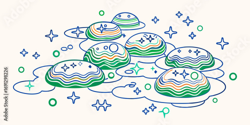 Illustration of cartoon planets with green and orange stripes floating among blue clouds and stars